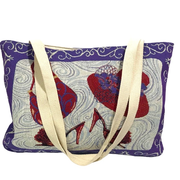 Ivory Purple and Red Hat Purse and Shoes Design Tapestry Canvas Tote Bag - Picture 3 of 12